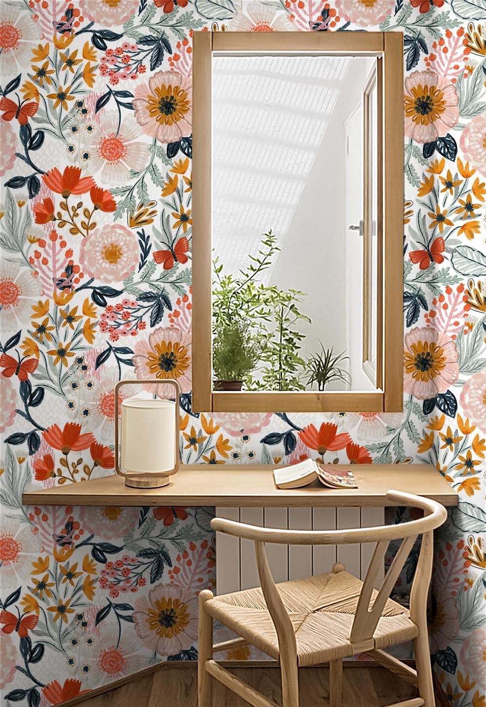 HAOKHOME Boho Peel and Stick Wallpaper Floral Wall Paper Removable for Bedroom Navy/Pink/Orange Contact Paper 17.7in x 9.8ft