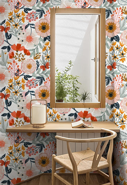 HAOKHOME Boho Peel and Stick Wallpaper Floral Wall Paper Removable for Bedroom Navy/Pink/Orange Contact Paper 17.7in x 9.8ft