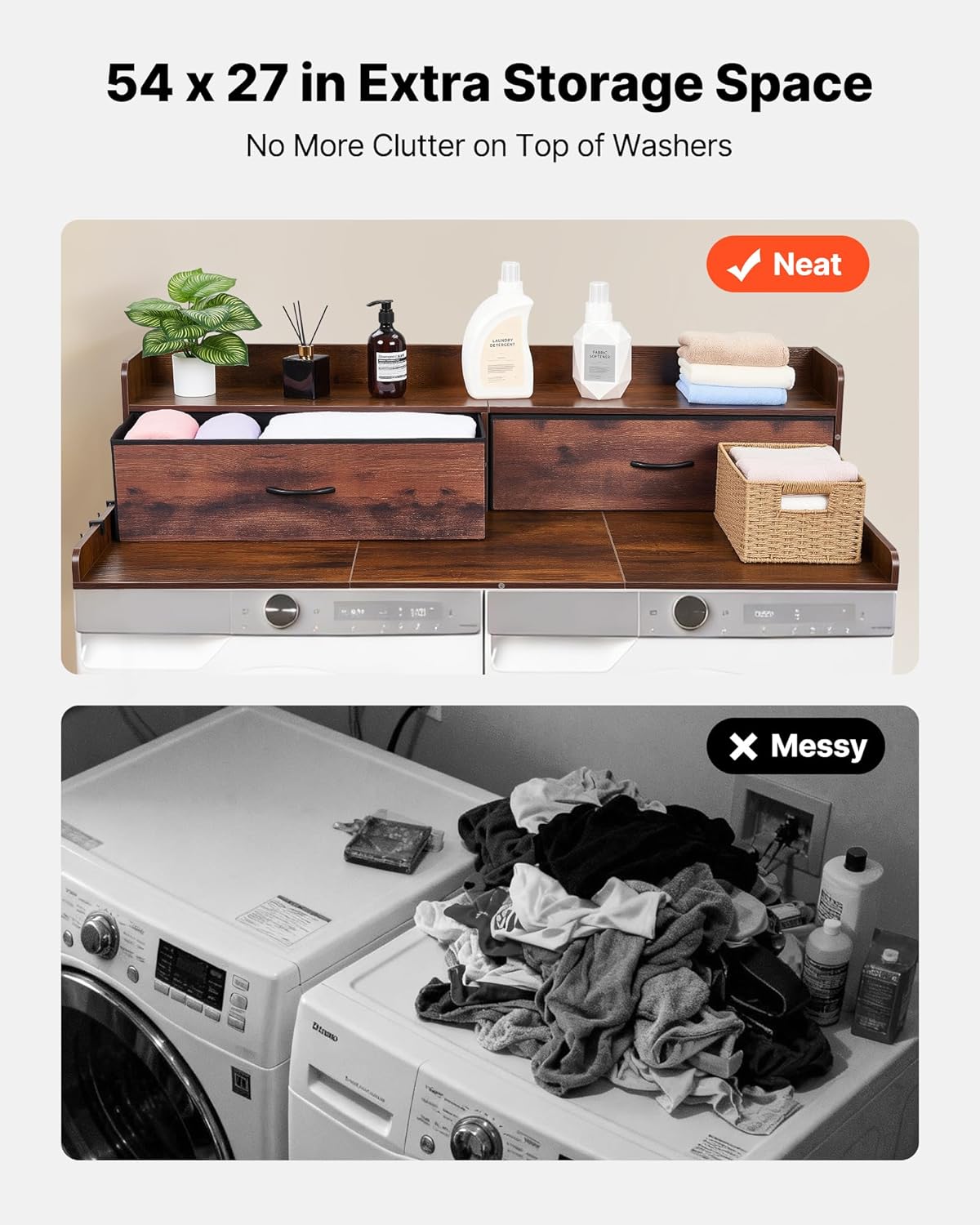 VEVOR Washer Dryer Countertop with 2-Tier Shelf, 54" x 27" Wooden Washer and Dryer Countertop with Anti-Slip Pads, Water-Resistant Laundry Topper Cover for Laundry Room Organization and Storage, Black