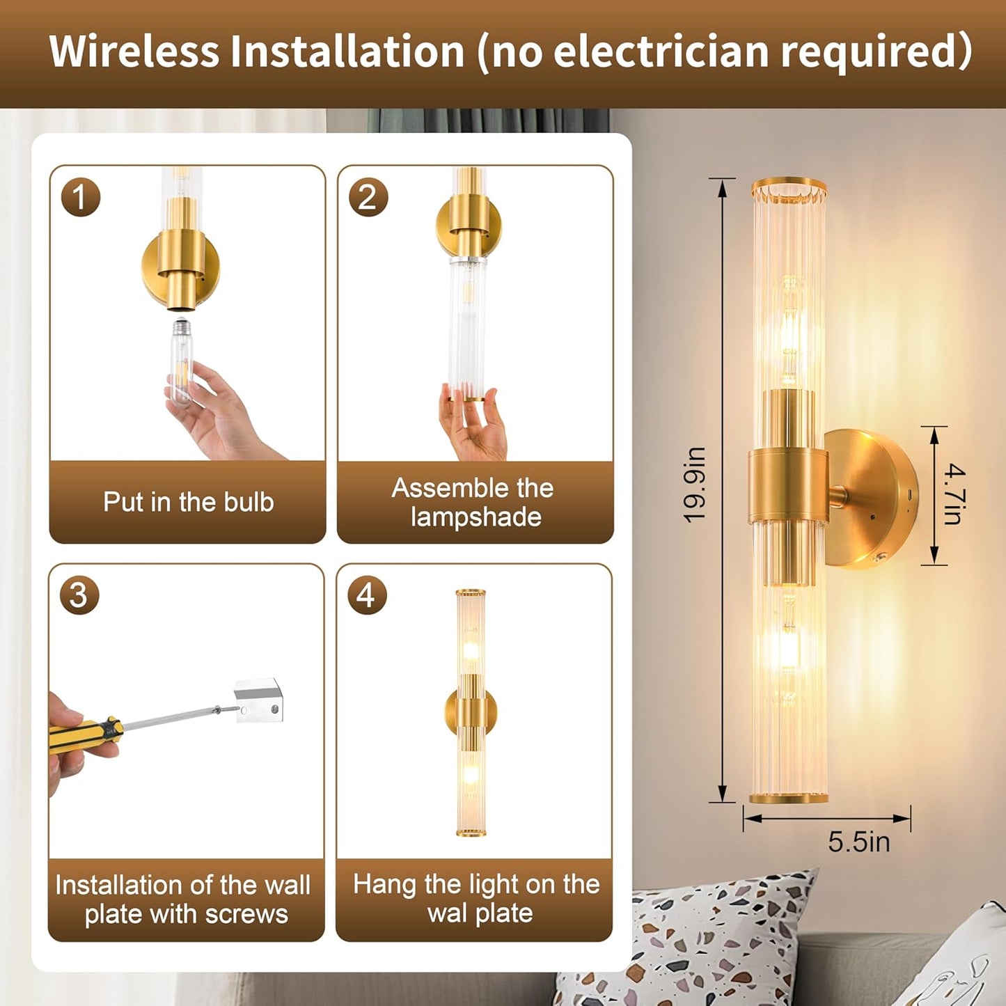 Morauroral Gold Battery Operated Wall Sconces Set of Two, Rechargeable Wall Sconce with Dimmable Remote Control, 20 Inch Wireless Sconce Wall Light for Bedroom, Living Room (Bulbs Included)
