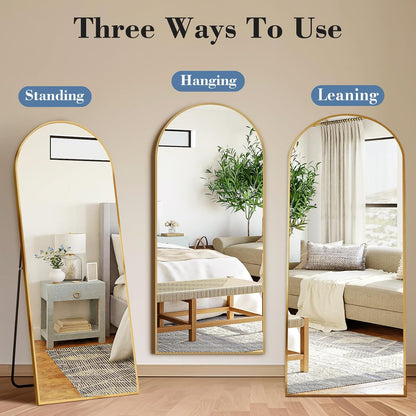 DUMOS 64"x21" Arched Full Length Floor Mirror, Full Body Mirror with Stand, Shatterproof Tempered Glass, Modern Aluminum Alloy Frame, Free Standing or Leaning for Home Decor, Gold