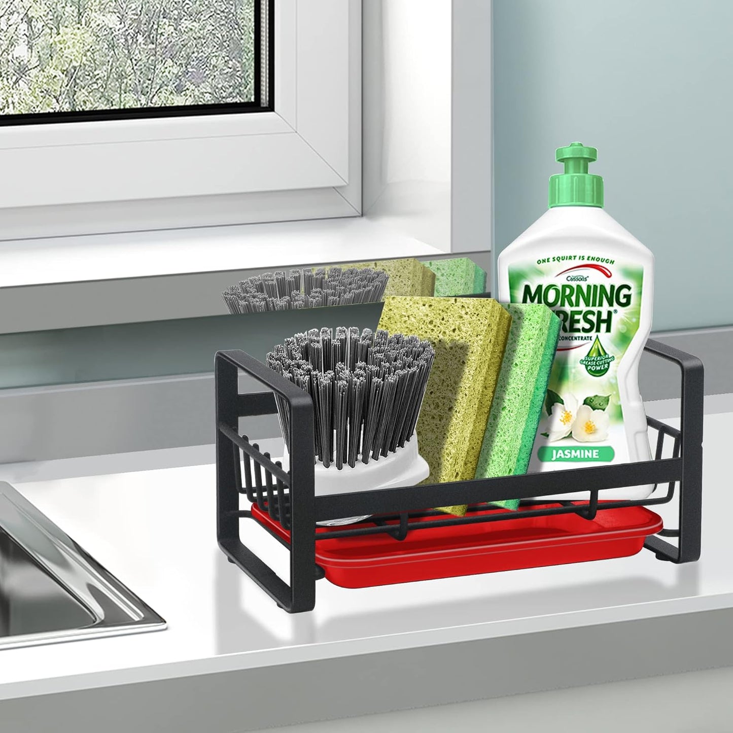 Kitchen Sponge Holder for Sink, Kitchen Sink Caddy Organizer, Sink Tray Drainer Rack, Dish Rags Brush Soap Storage Countertop with Removable Front Drain Pan - Black