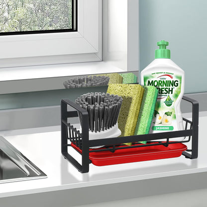 Kitchen Sponge Holder for Sink, Kitchen Sink Caddy Organizer, Sink Tray Drainer Rack, Dish Rags Brush Soap Storage Countertop with Removable Front Drain Pan - Black