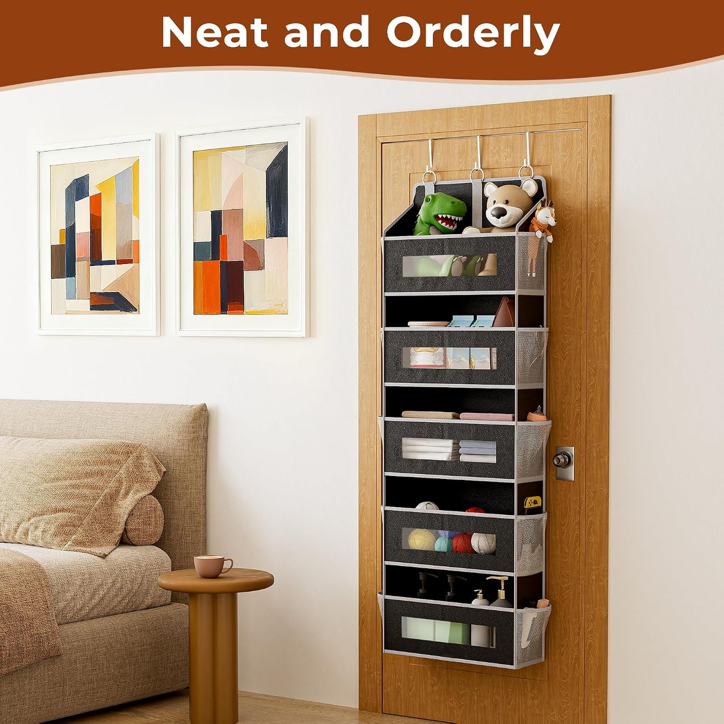 2 Pack 5 Tier Over The Door Organizer - Large Capacity Behind Door Hanging Shelves with 10 Mesh Pockets and Clear Windows, Closet Organizers and Storage for Bathroom, Bedroom, Nursery, Grey