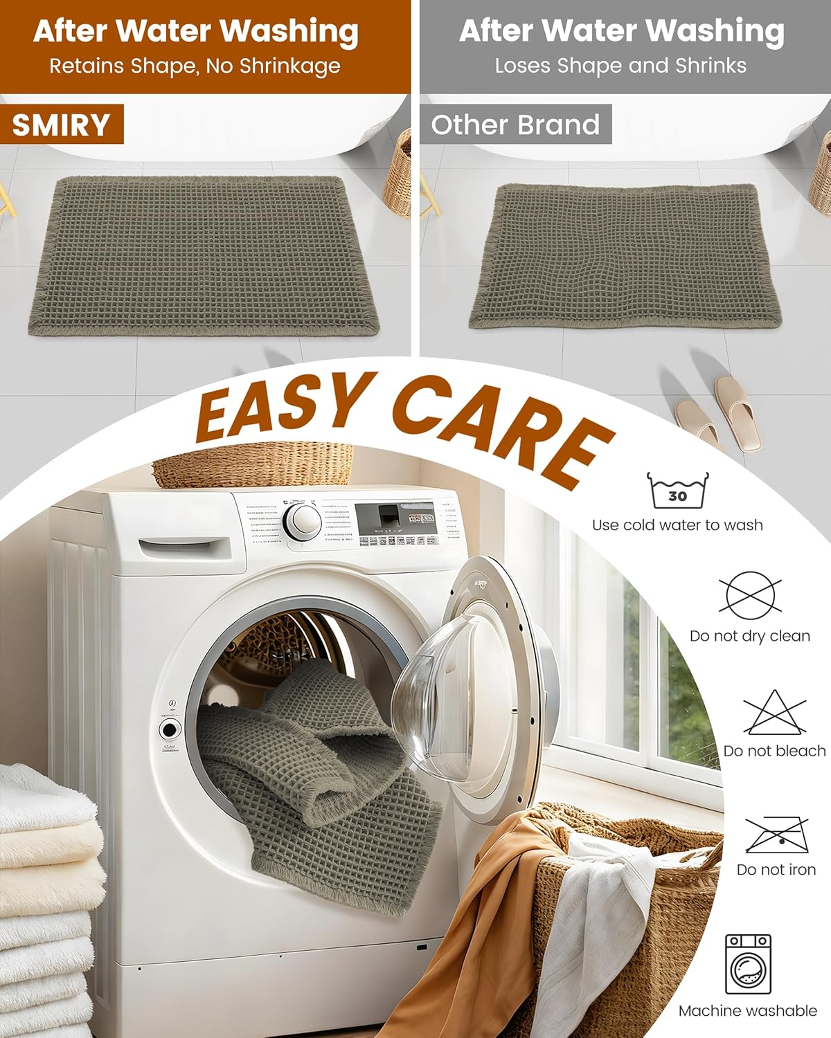 Smiry Waffle Bath Mat 30x20, Extra Soft Absorbent Bathroom Rugs, Non Slip Machine Washable Quick Dry Bath Rugs for Bathroom Floor, Tub, Shower, Home Decor Accessories, Brown