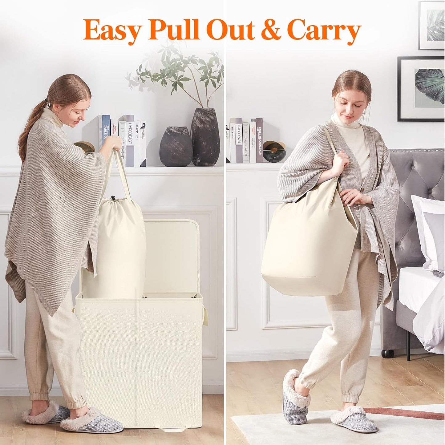 Lifewit Double Laundry Hamper with Lid and Removable Laundry Bags, Large Collapsible 2 Dividers Dirty Clothes Basket with Handles for Bedroom Laundry Room Closet Bathroom College, 136L Beige