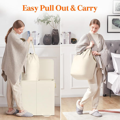 Lifewit Double Laundry Hamper with Lid and Removable Laundry Bags, Large Collapsible 2 Dividers Dirty Clothes Basket with Handles for Bedroom Laundry Room Closet Bathroom College, 136L Beige