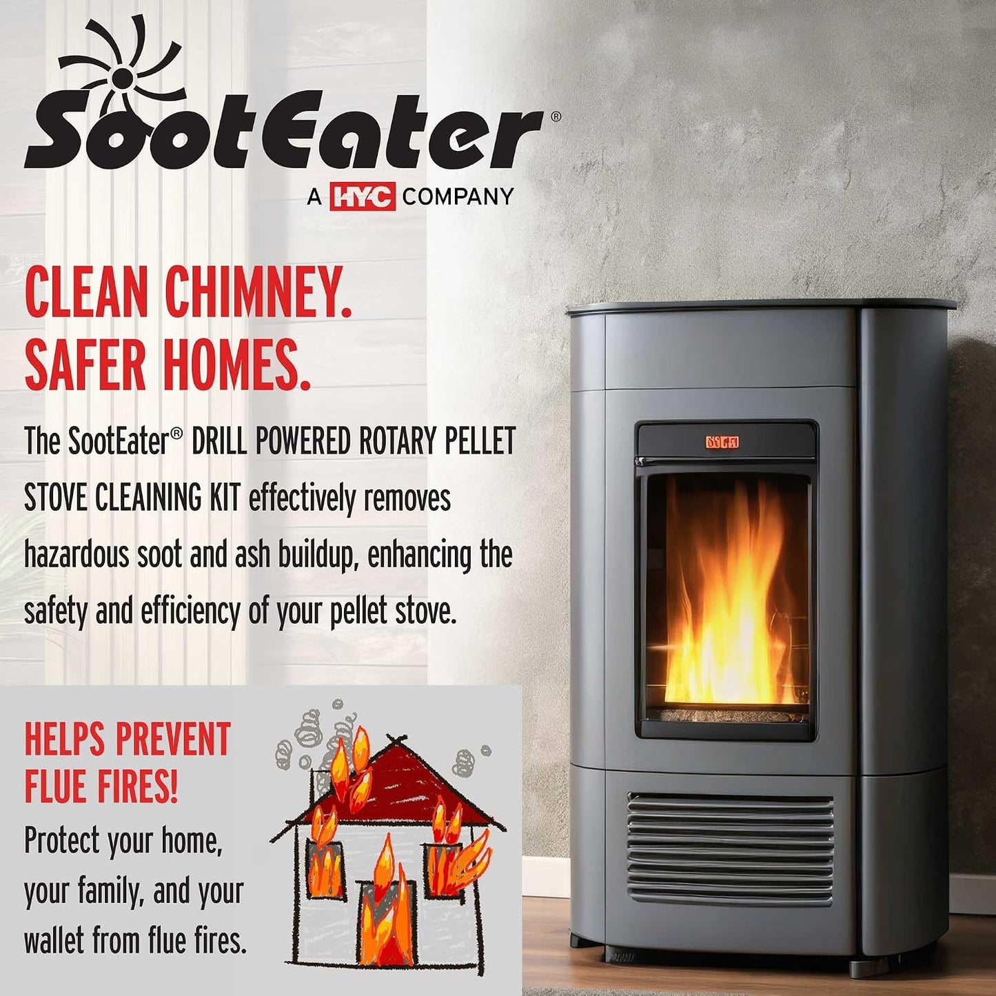 Gardus SootEater Pellet Stove Cleaning Kit - Complete Rotary Pellet Stove Vent Kit with Flexible rods, Propeller Pipe Brushes, & Flue Fire Prevention.