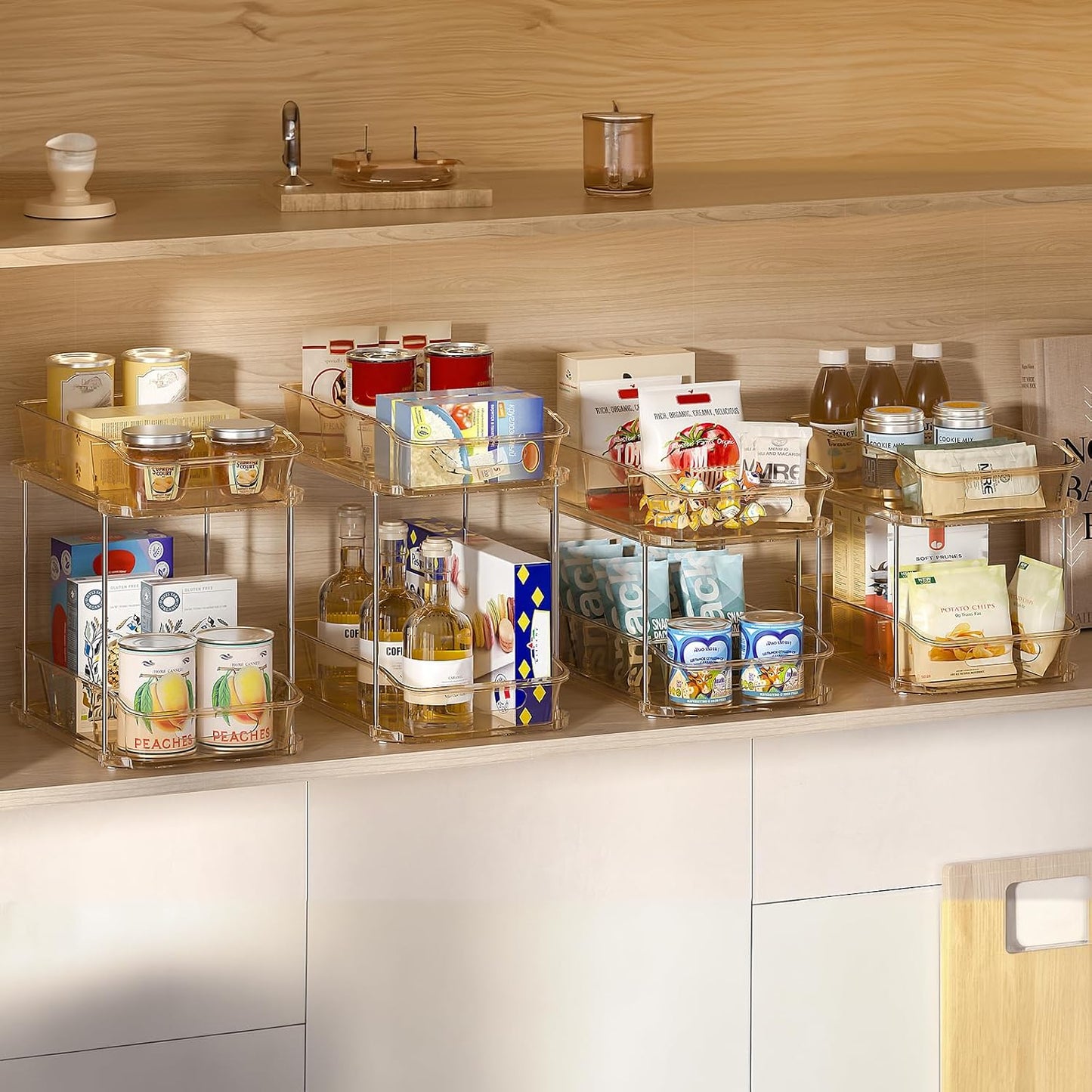 Delamu 2-Tier Under Sink Organizers and Storage, Multi-Purpose Stackable Bathroom Cabinet organizers, Pull Out Kitchen Pantry Organization and Storage with Dividers(2 Pack, Clear)