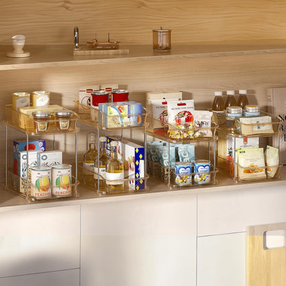 Delamu 2-Tier Under Sink Organizers and Storage, Multi-Purpose Stackable Bathroom Cabinet organizers, Pull Out Kitchen Pantry Organization and Storage with Dividers(2 Pack, Clear)