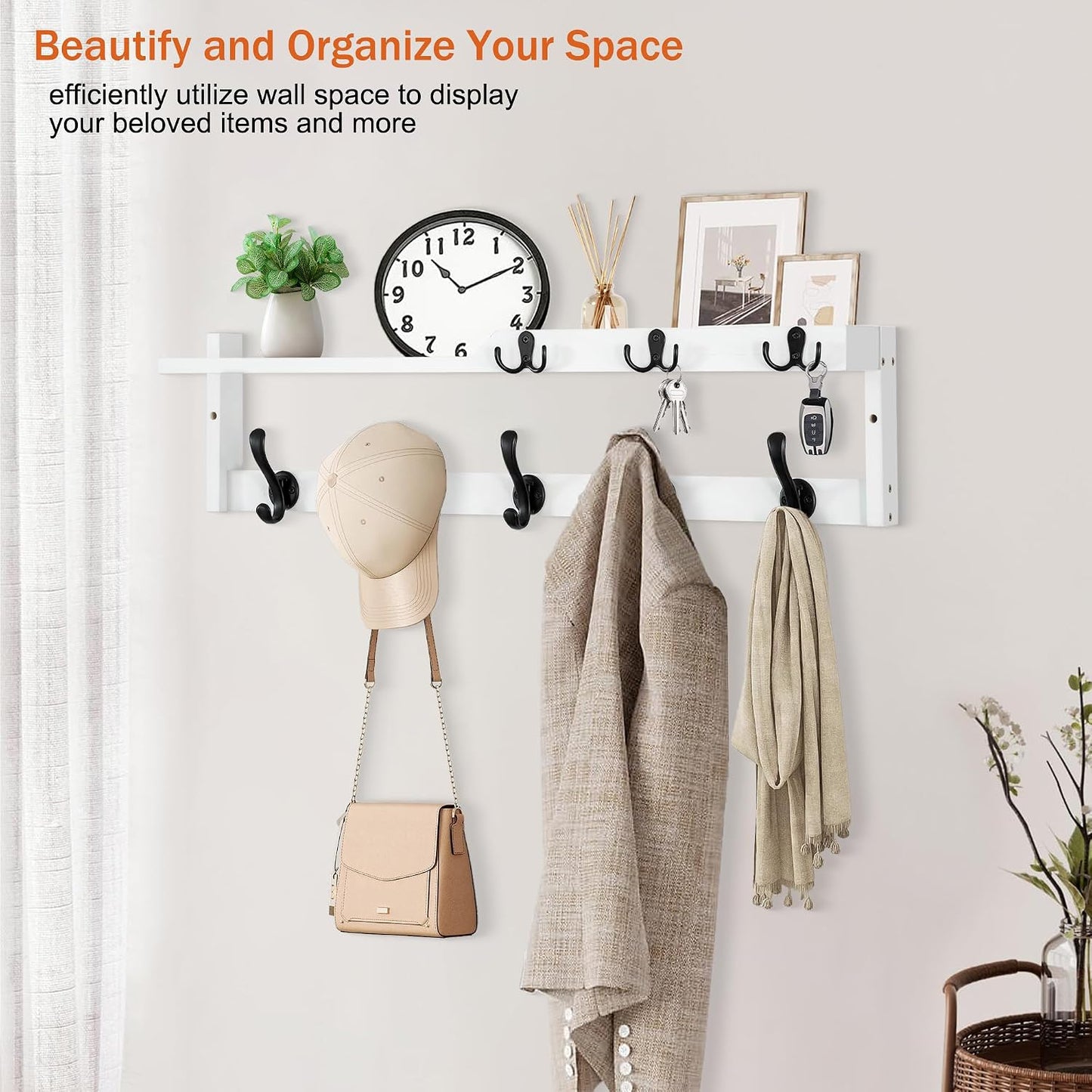 dreampossible Coat Rack Wall Mount with Shelf, Coat Hanger Wall Mount with Key Hooks and Mail Holder, Wood Entryway Floating Shelf with Hooks and Storage, Hat Rack for Wall Key Holder Mail Organizer