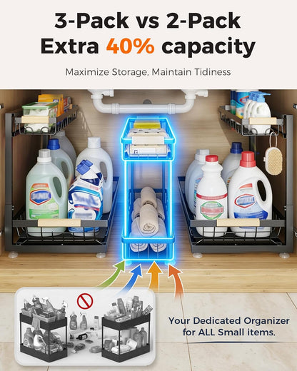 Sevenblue 3 Pack Under Sink Organizer, Height Adjustable 2 Tier Pull-Out Metal Under Kitchen Sink Organizer, Multi-Purpose Storage Shelves for Kitchen Bathroom Cabinet, White
