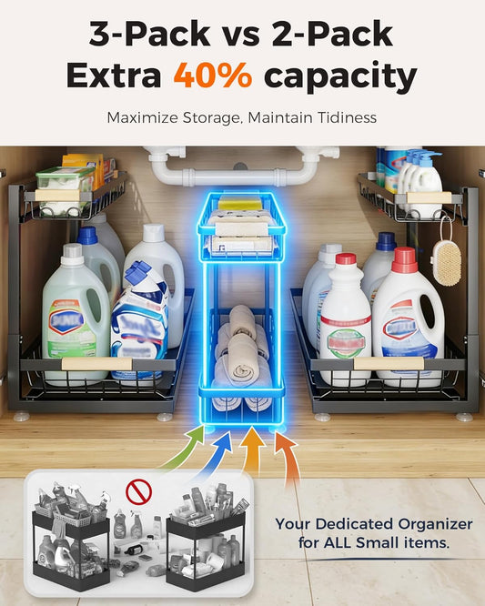Sevenblue 3 Pack Under Sink Organizer, Height Adjustable 2 Tier Pull-Out Metal Under Kitchen Sink Organizer, Multi-Purpose Storage Shelves for Kitchen Bathroom Cabinet, White