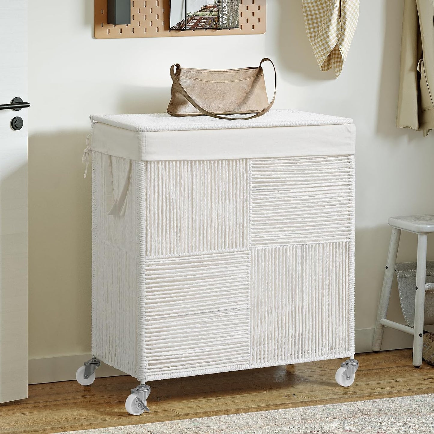 WOWLIVE Double Laundry Hamper with Lid, Handwoven Rolling Laundry Basket with Wheels, 115L Dirty Clothes Hamper with Removable Liner Bag Large Capacity Laundry Sorter Laundry Room Organization,Natural