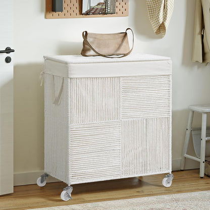 WOWLIVE Double Laundry Hamper with Lid, Handwoven Rolling Laundry Basket with Wheels, 115L Dirty Clothes Hamper with Removable Liner Bag Large Capacity Laundry Sorter Laundry Room Organization,Natural