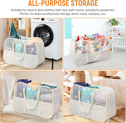 Collapsible Laundry Baskets with 3 Compartment, 150L Tear-proof Pop Up Hamper, Foldable Laundry Basket with Tote Handles, Dirty Clothes Hamper for Laundry, Bedroom, Bathroom, Dorm Grey