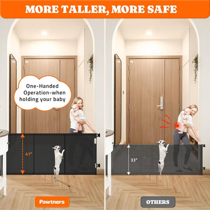Pawtners Retractable Baby Gates Extra Wide, 41" Tall Extends up to 71" Wide, Dog Gate Indoor for Stairs, Pet Gate with Support Rods for Doorways Hallways Indoor & Outdoor-Black