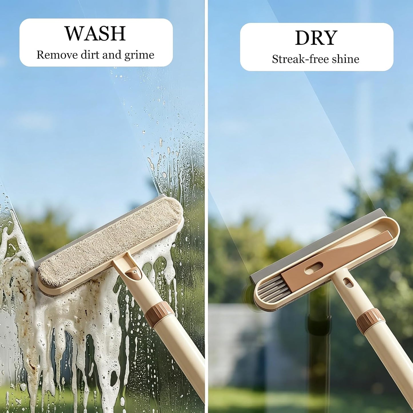5-in-1 Double-Sided Window Screen Cleaning Brush, Multi-Purpose with Scraper, Built-in Crevice Brush, Extendable Dry & Wet Handle for Home, Office, Car & Porch Screens (Khaki)