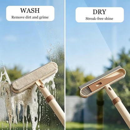 5-in-1 Double-Sided Window Screen Cleaning Brush, Multi-Purpose with Scraper, Built-in Crevice Brush, Extendable Dry & Wet Handle for Home, Office, Car & Porch Screens (Khaki)