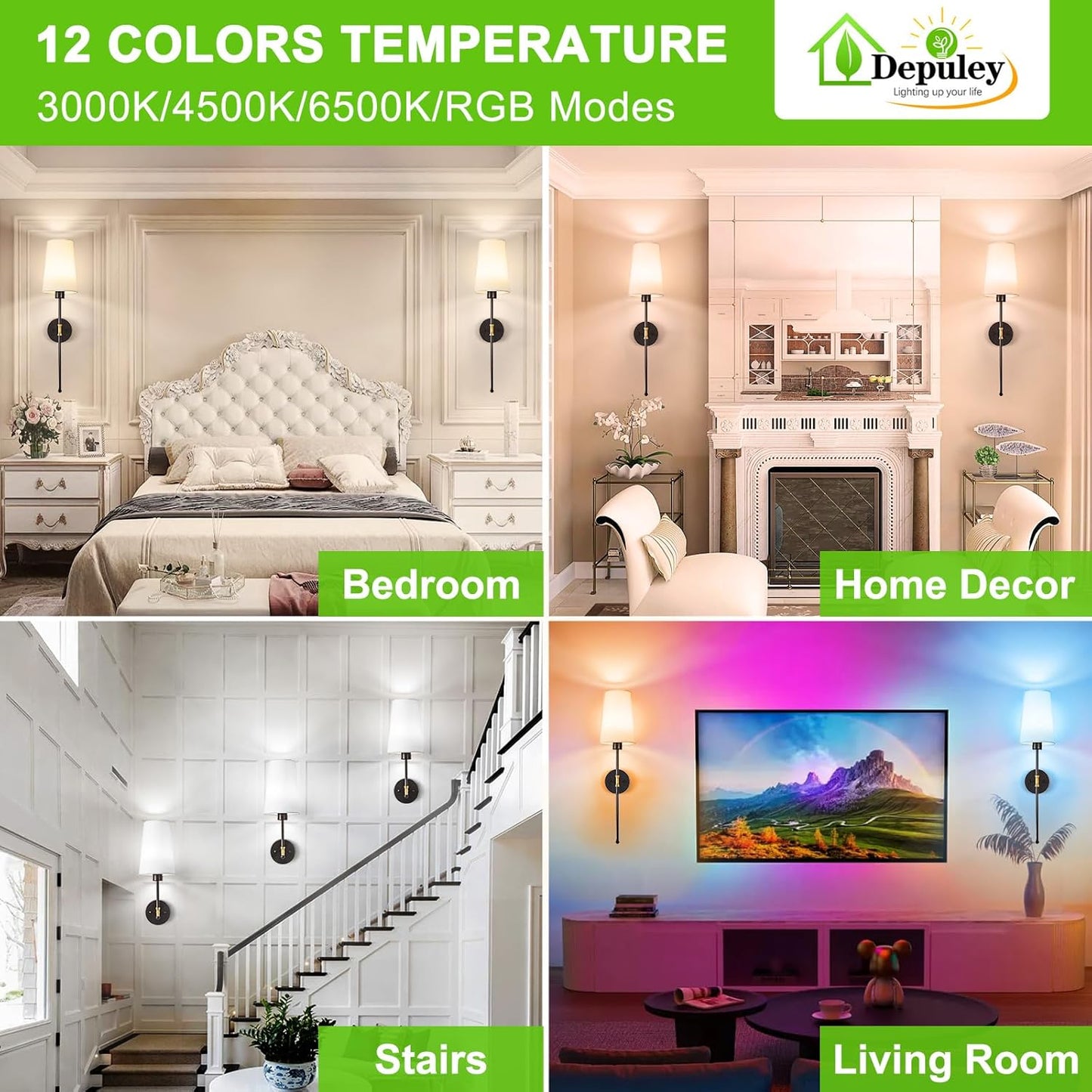 Depuley Battery Operated Wall Sconce: Set of 2 Wireless Wall Lights with 10000mAh Dimmable Bulbs and Remote for Bedroom - Rechargeable 15 Colors Gold Wall Lamp for Living Room Hallway