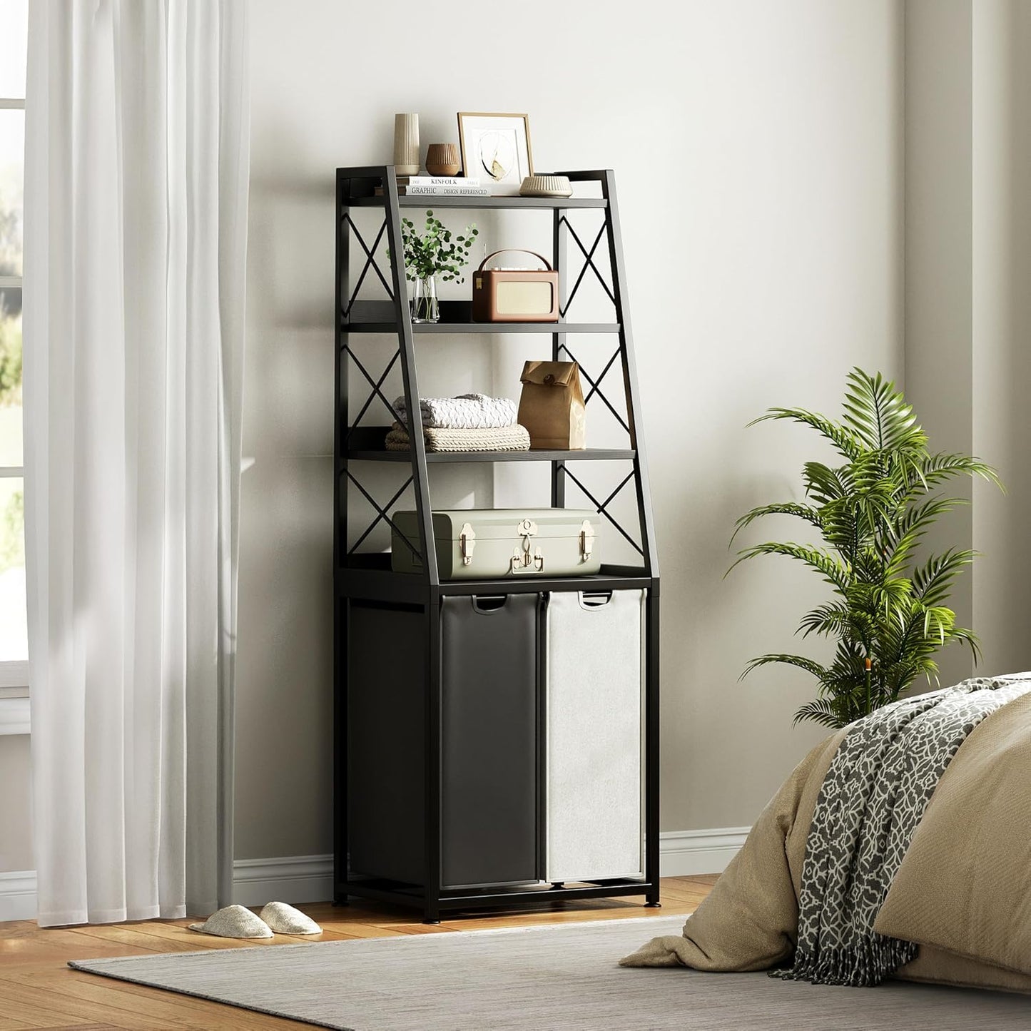 Herture Laundry Basket, 3 Section Laundry Hamper with 4 Tiers Shelf, Pull-Out and Removable Laundry Bags, Large 3 x 15.87 Gallons, for Laundry Room Bathroom Rustic Brown PF05XLN