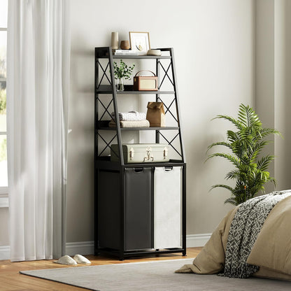 Herture Laundry Basket, 3 Section Laundry Hamper with 4 Tiers Shelf, Pull-Out and Removable Laundry Bags, Large 3 x 15.87 Gallons, for Laundry Room Bathroom Rustic Brown PF05XLN