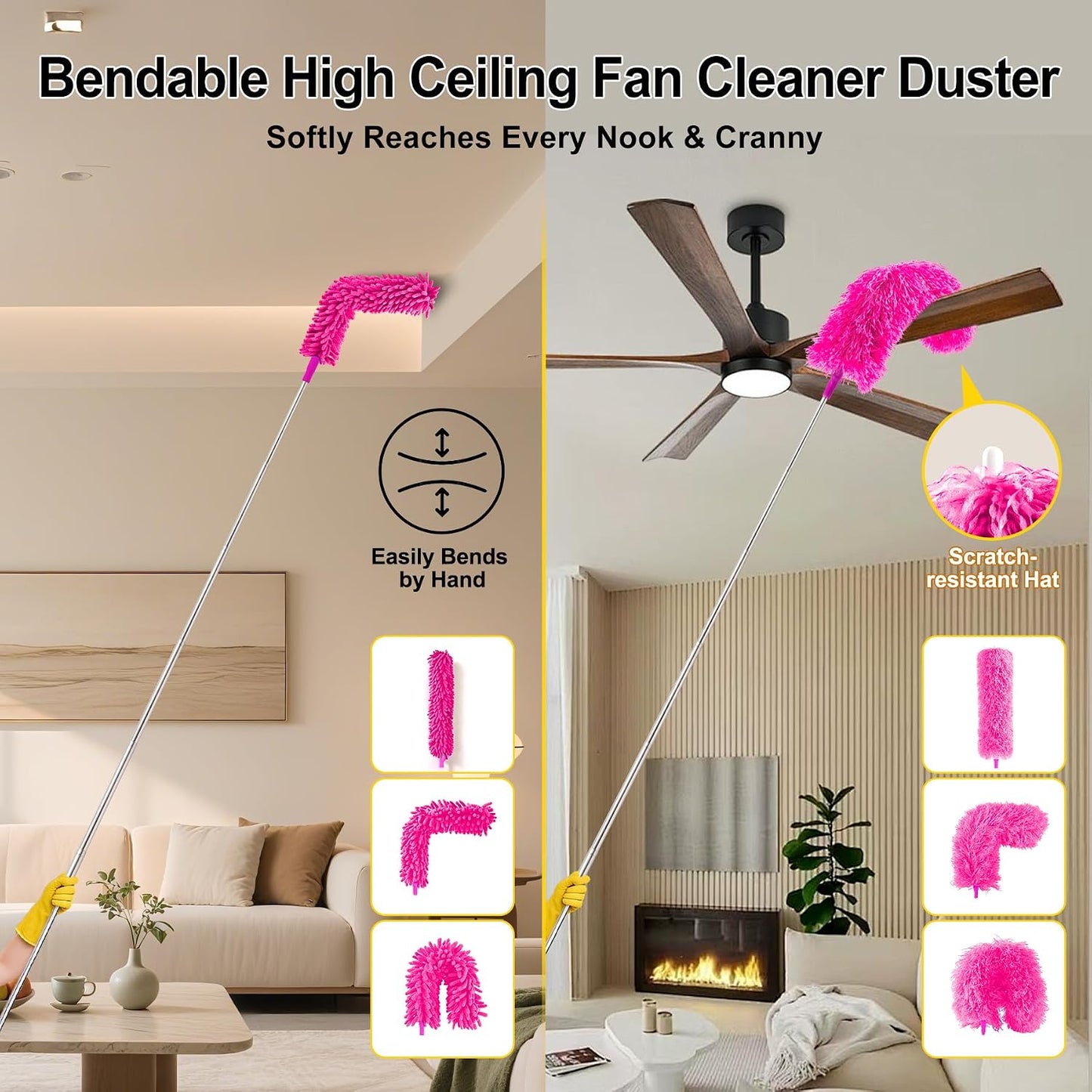 Tiumso Dusters for Cleaning,Microfiber Feather Duster 5-in-1 Kit, Duster with Extension Pole 100 Inches, Cobweb Duster, Microfiber Dusters for High Ceilings and Fans, Blinds and Cars