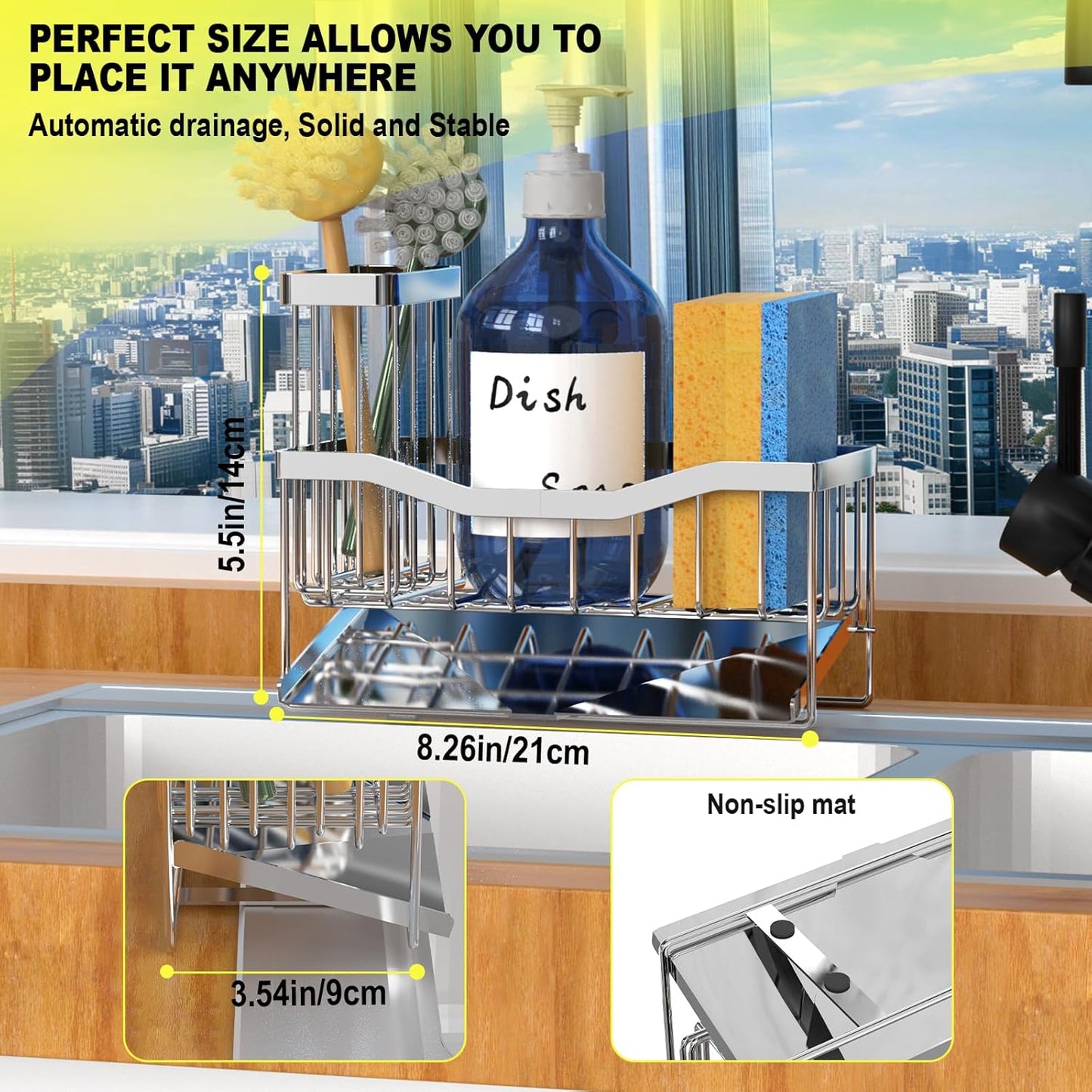 Maifan Sink Caddy Sponge Holder for Kitchen with Brush Holder and Stainless Steel Self Drain Tray, Rustproof Kitchen Sink Organizer for Sponge, Soap Dispenser Storage Accessories (Lacquer Silver)