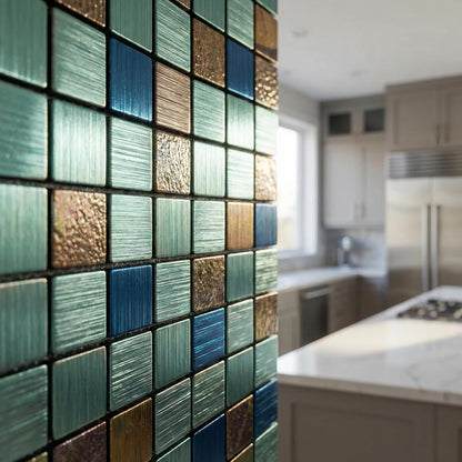 10 Sheets Peel and Stick Backsplash, Waterproof Mosaic Tile Self-Adhesive - Easy Cut to Size for Kitchen, Bathroom, Fireplace DIY Installation (10, Green+Blue Brushed)
