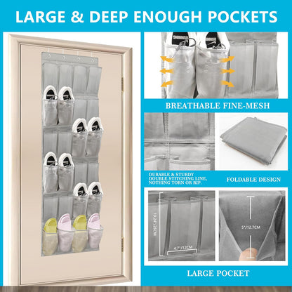 Over The Door Shoe Organizer with 24 Large Breathable Mesh Pockets Sturdy Closet Door Shoe Storage Holder Hanging SimpleHouseware Men Women Kids Shoe Holder for Rack (Black)