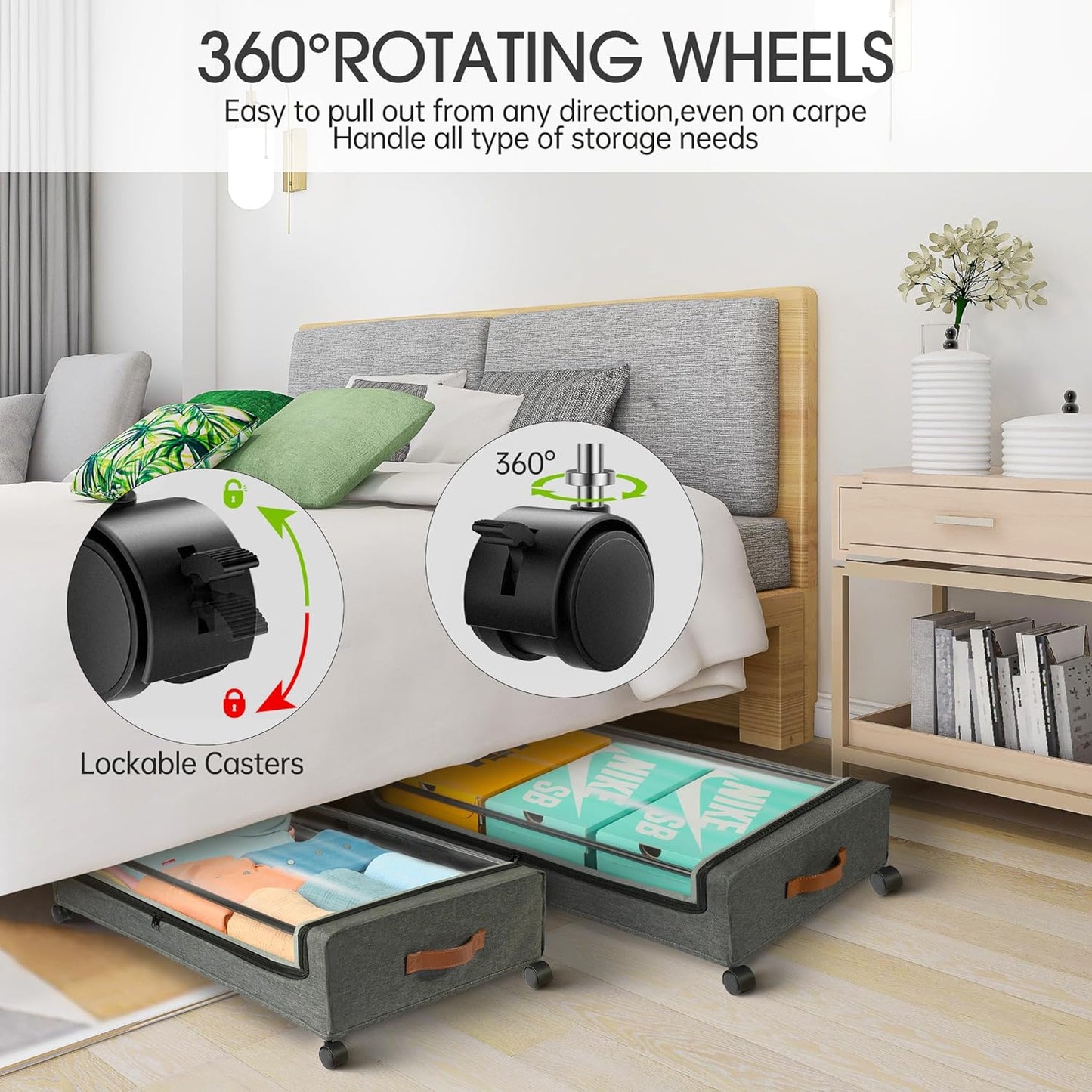 Yecaye Under Bed Storage with Wheels, 2 Pack Under Bed Storage Containers, 60L Underbed Shoe Storage with Clear Window & Label, Rolling Under Bed Metal Drawer for Clothes, Shoes, Books, Blankets