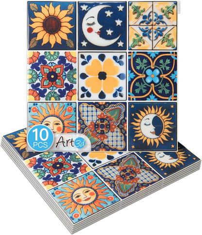 Art3d Talavera Hand-painted Waterproof Peel and Stick Backsplash Tile for Kitchen & Living Room, Sun & Moon Floral Design - 10-Pack of 12 x 12 Inch
