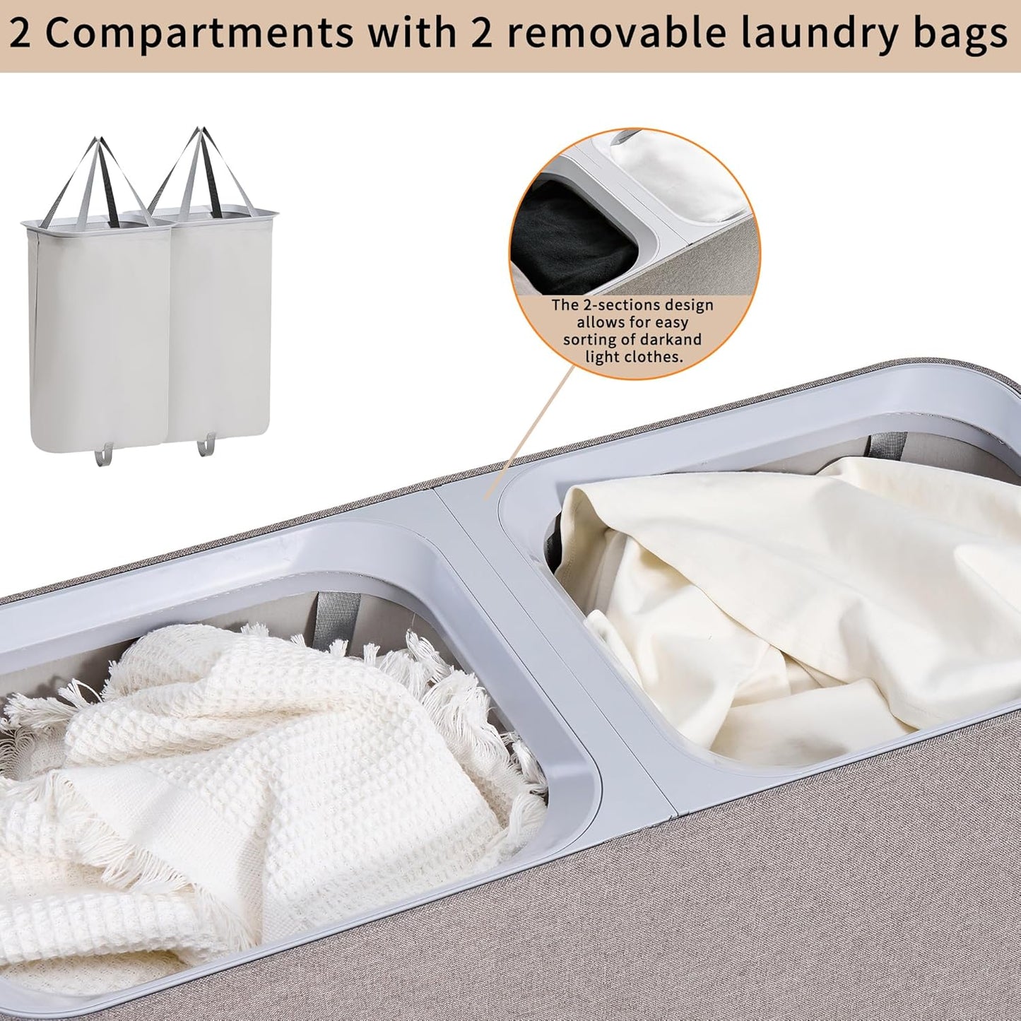 150L laundry hamper with lid, Large-sized Laundry Baskets, Portable 2 Dividers Dirty Clothes Basket with Handles, for Bedroom Laundry Room Closet Bathroom College, Grey