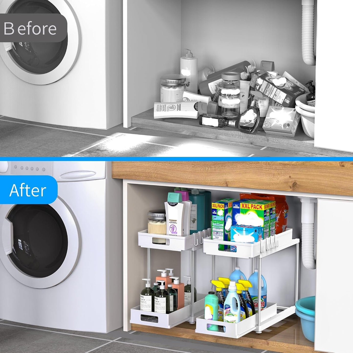 2 Pack Under Sink Organizer with Pull-Out Drawer, Black | 2-Tier Cabinet Storage, Kitchen & Bathroom, Tool-Free Assembly, Fits Cleaning Supplies & Toiletries, Space Saving