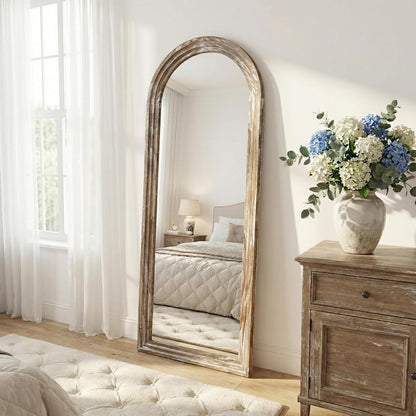 Arched Wood Floor Mirror with Stand, 63" x 21" Rustic Walnut Triple-Layer Solid Wood Frame Full Length Body Mirror, Shatterproof Tempered Glass, Wall Mounted or Leaning for Bedroom Entryway