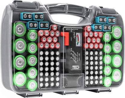 The Battery Organizer, Battery Storage Organizer Hinged Clear Cover with Locking Lid, Holds 180 Batteries, Includes a Removable Battery Tester, Holder for Garage Organization, Charcoal