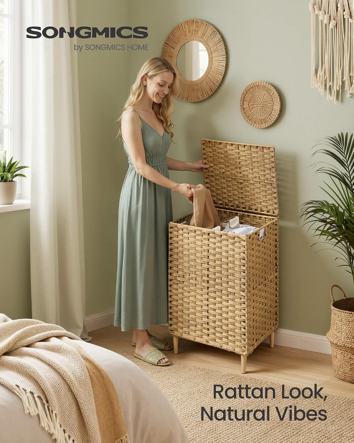 SONGMICS 3-Section Laundry Hamper with Lid, 42.2 Gal (160L) PE Rattan Laundry Basket with Removable Washable Liners, for Bedroom & Living Room, Chestnut Brown ULCB223ME01
