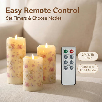 Eywamage Fiber Optic Flameless Pillar Candles with Remote, Floral Butterfly Spring LED Candles Flickering Home Decor Gift Set of 3