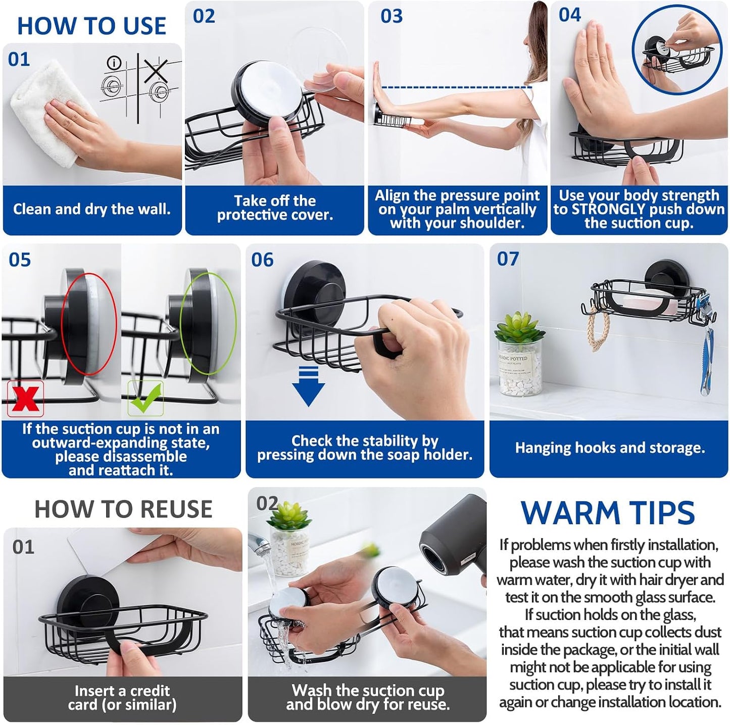 Soap Dish, Soap Bar Holder for Shower Suction Cup with 4 Hooks Wall Mounted, Stainless Steel No-Drilling Removable Waterproof Sponge Holder for Bathroom Bathtub Kitchen Sink, Black