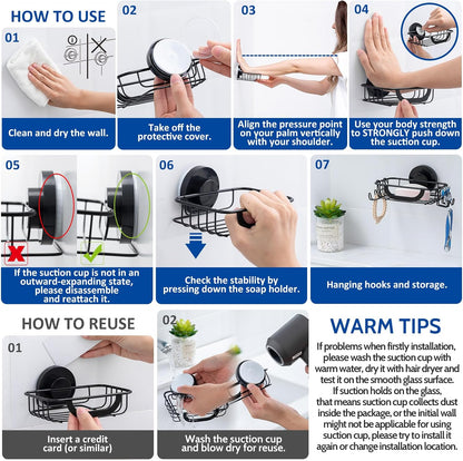 Soap Dish, Soap Bar Holder for Shower Suction Cup with 4 Hooks Wall Mounted, Stainless Steel No-Drilling Removable Waterproof Sponge Holder for Bathroom Bathtub Kitchen Sink, Black