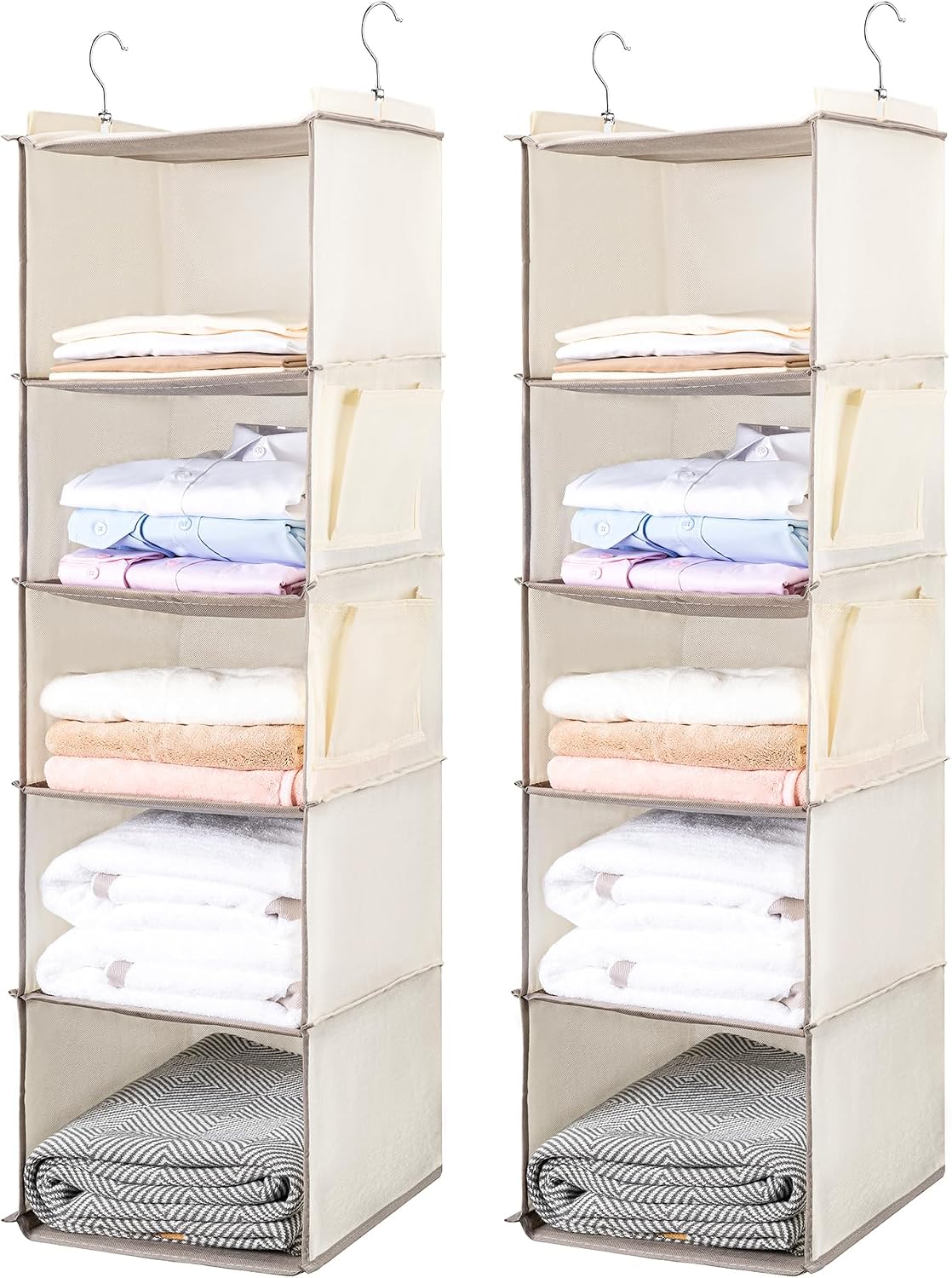 BOOMIBOO Hanging Closet Organize and Shelves，5-Hanging Shelf with 2 Side Pockets，Storage Foldable （Grey）