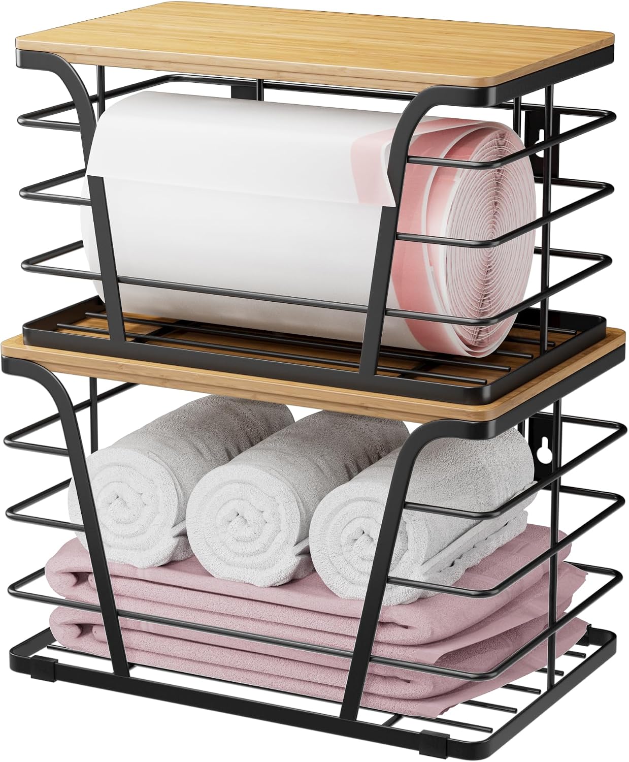 TIDIIABODE 2 Pack Stackable Storage Laundry Kitchen Organizers, Wall Mount Trash Bag Holder with Bamboo Top and Garbage Bag Dispenser No Drill