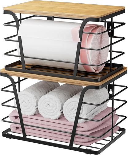 TIDIIABODE 2 Pack Stackable Storage Laundry Kitchen Organizers, Wall Mount Trash Bag Holder with Bamboo Top and Garbage Bag Dispenser No Drill