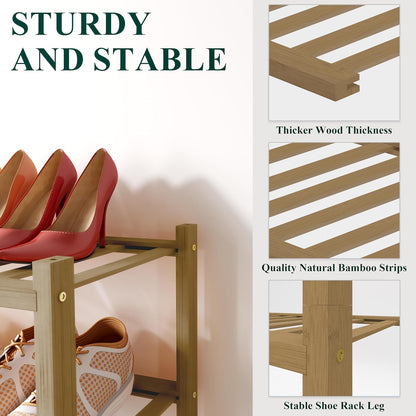 Smiry Bamboo Shoe Rack for Closet, 3 Tier Wooden Shoe Organizer, Stackable Wood Shoe Storage Shelf for Entryway, 14 Vertical Slats, One-piece Heavy-Duty Legs, 26.77"x11.02"x18.31", Natural