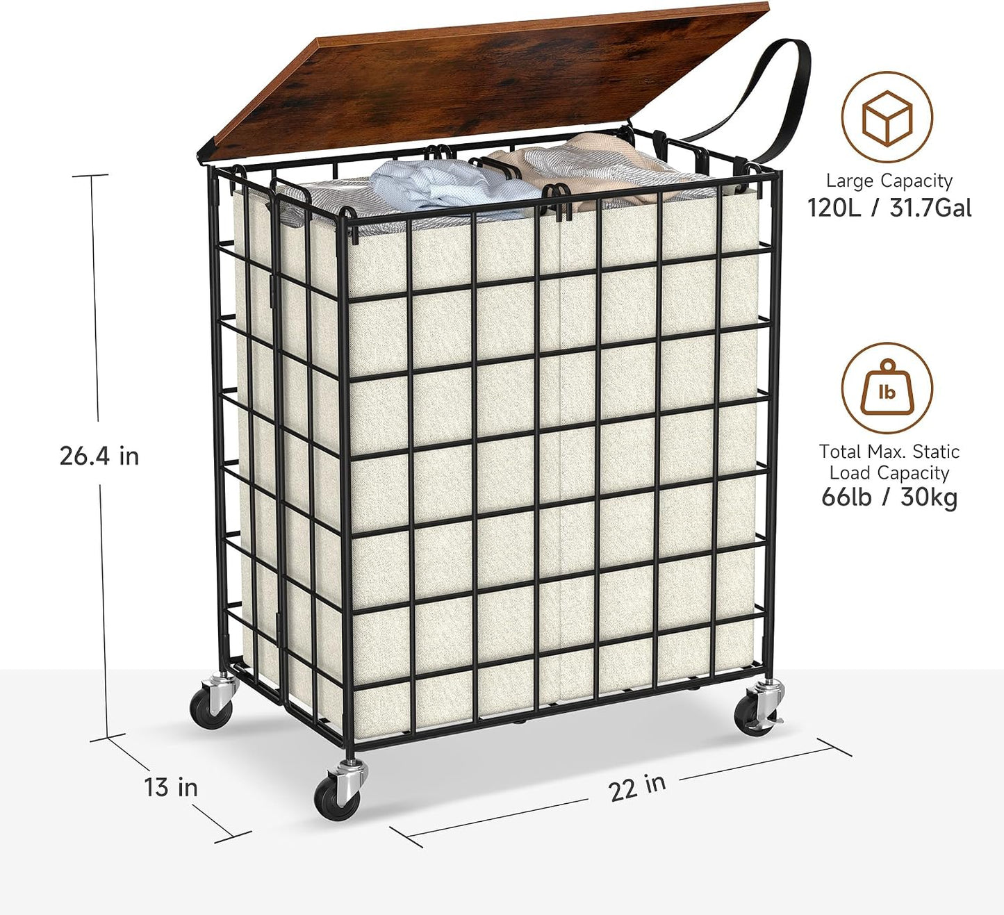 Laundry Basket with Wheels, Heavy Duty Laundry Sorter 2 Sections, 120L (32Gal.) Large Capacity Laundry Hamper with Wood Lid, 360 Rolling Wheels, Extra Side Pocket, Leather Pull Handle, Beige