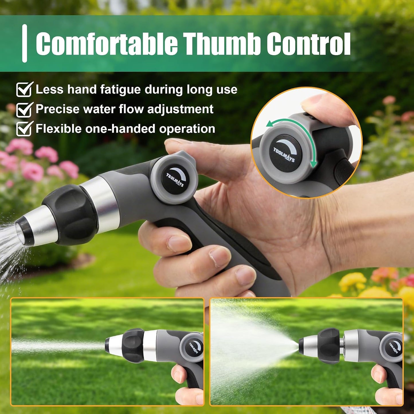 Garden Hose Nozzle - Heavy Duty Water Hose Sprayer with 8 Spray Patterns, Dia 90mm Thumb Control On/Off Valve, Durable Zinc Alloy Body for Lawn, Car & Pet Cleaning