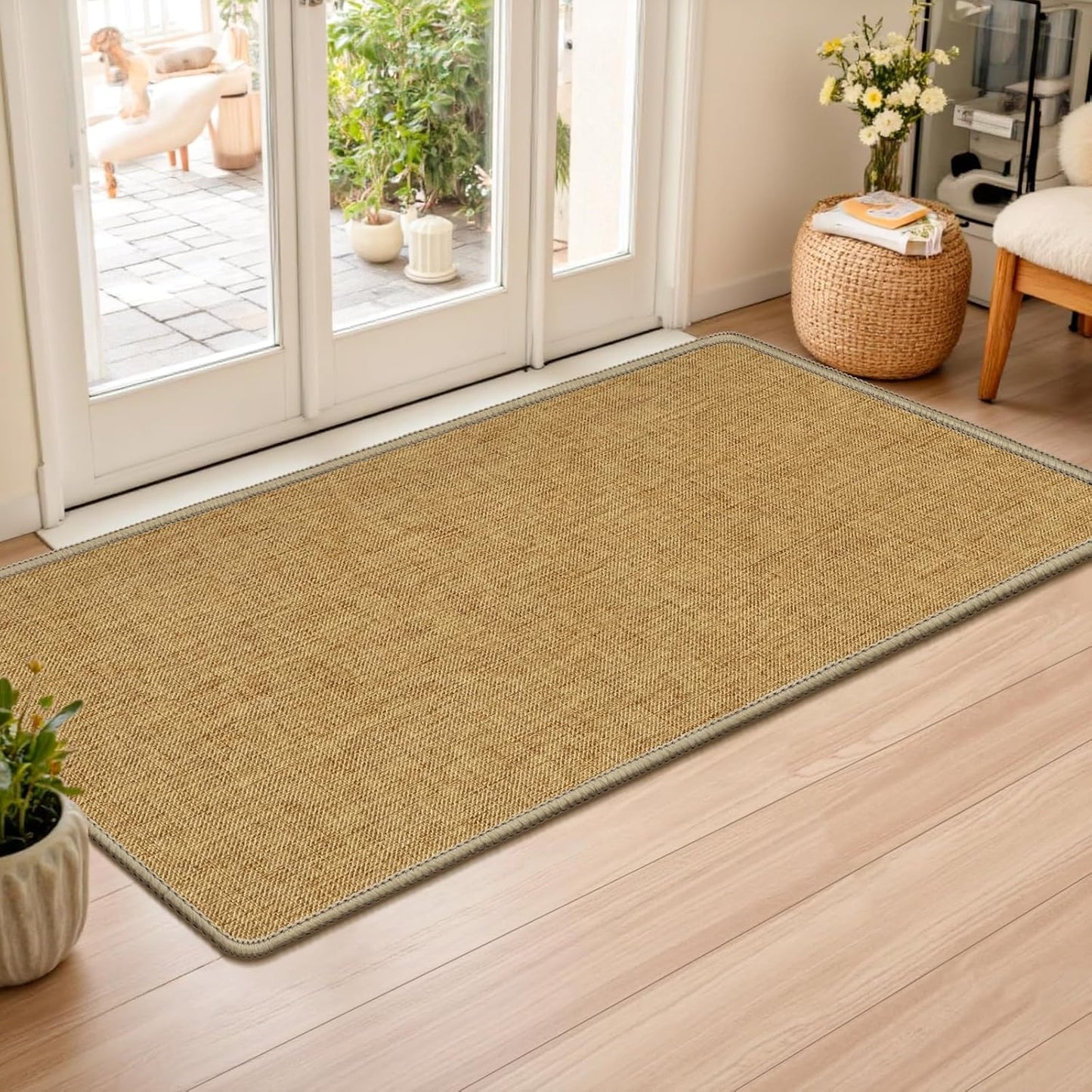 LEKEEPGO Ultra Thin Indoor Door Mat 17"x29", Low-Profile Door Mat Indoor Entrance, Non Slip Rubber Backing Inside Doormat Washable Welcome Front Entryway Dirt Trapper Entry Mat, Khaki