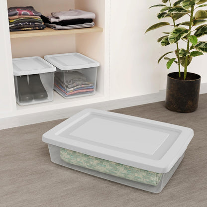 Sterilite 6 Pack Storage Box, 41 Quart Stackable Tote, Clear Plastic Container with Secure Snapping White Lids for Home and Office Organization