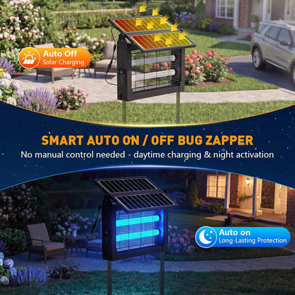 Solar Bug Zapper Outdoor, 4500V Solar Mosquito Zapper with Dual Solar Panels, 1/2 Acre Coverage Cordless Rechargeable Electric Fly Zapper, IPX5 Waterproof Mosquito Traps for Backyard, Patio, Camping
