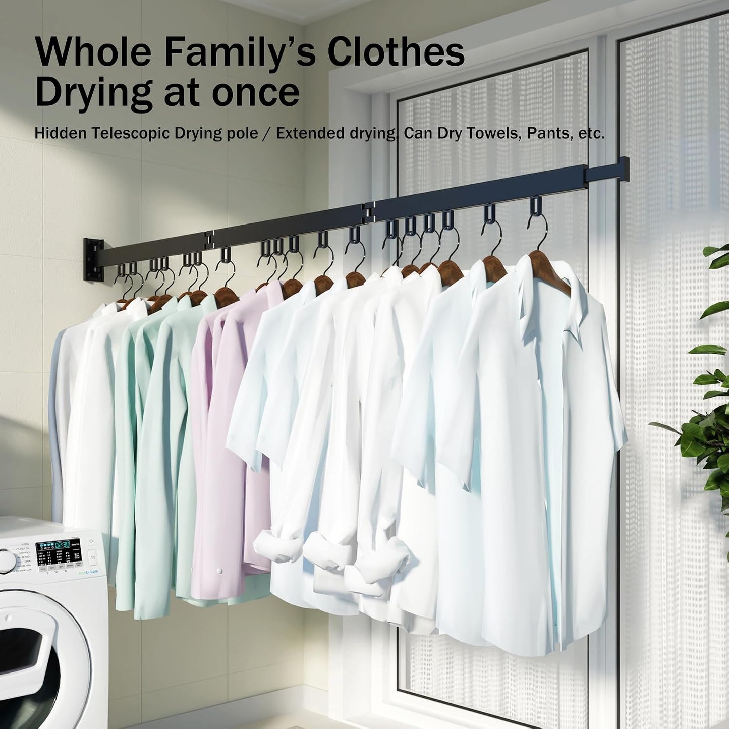 HEILAIYI Clothes Drying Rack for Laundry,Wall Mounted Clothes Hanger Rack,Folding,Retractable,Collapsible(J Shape Hooks)